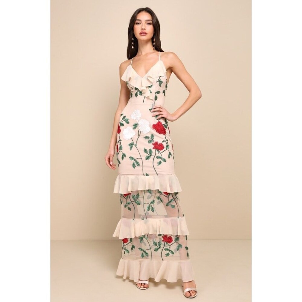 Lulus True To Heart Beige Floral Embroidered Ruffled Tiered Maxi Dress - Size M